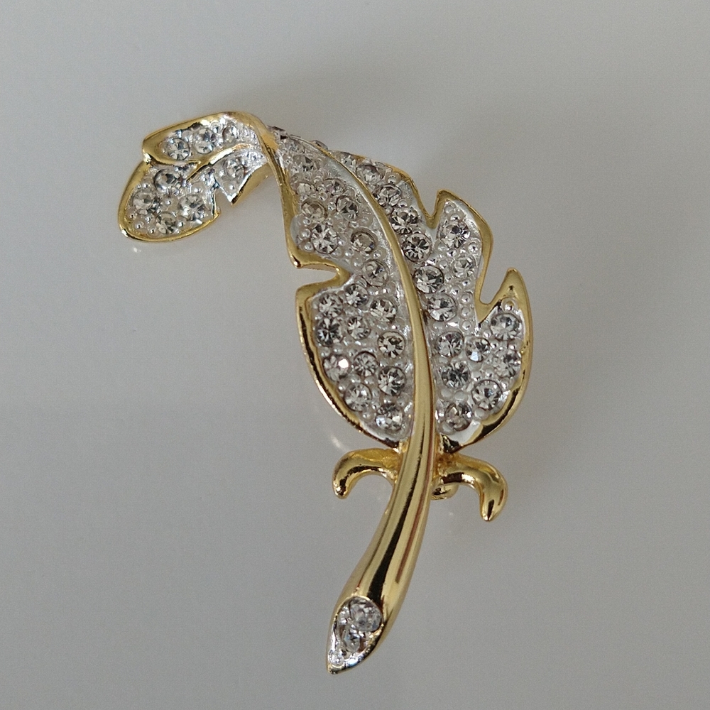 Vintage Pave Feather Brooch Gold & Silver Toned Pin Crystals